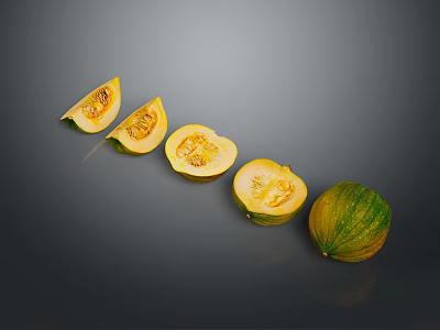 Fresh Green And Yellow Melon With Whole Fruit And Sliced Pieces On Gray Background 3d model