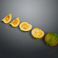 Fresh Green And Yellow Melon With Whole Fruit And Sliced Pieces On Gray Background