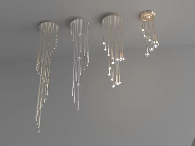 Modern Hanging Chandeliers with Slim Pendant Strands and Illuminated Bulbs on Ceiling 3d model