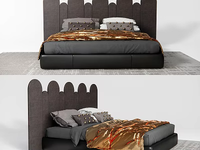Double Bed With Scalloped Headboard Golden Blanket And Decorative Pillows 3d model