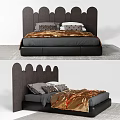 Double Bed With Scalloped Headboard Golden Blanket And Decorative Pillows