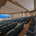 Modern Conference Room Interior with Stepped Blue Seating Large Screen and Wooden Podium