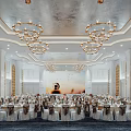 Luxurious Banquet Hall with Elegant Chandeliers White Gold Decor and Arched Windows