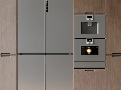 Modern Built in Refrigerator Freezer in Kitchen Interior With Wooden Cabinets and Water Dispenser 3d model