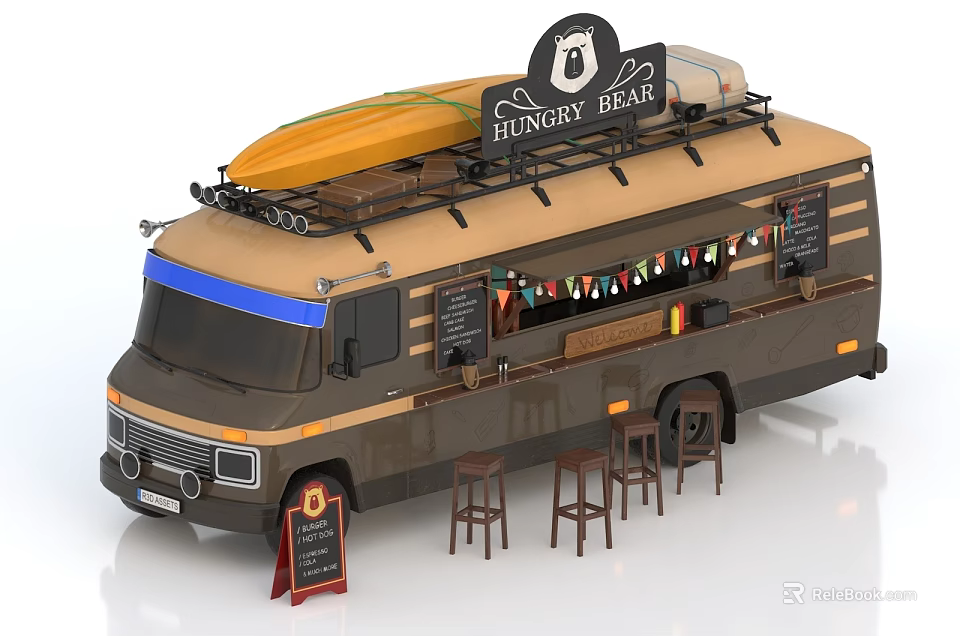 Commercial Food Truck Equipment With Hungry Bear Sign Surfboard Bar Counter And Bar Stools 3d model 