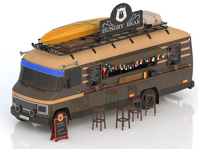 Commercial Food Truck Equipment With Hungry Bear Sign Surfboard Bar Counter And Bar Stools 3d model