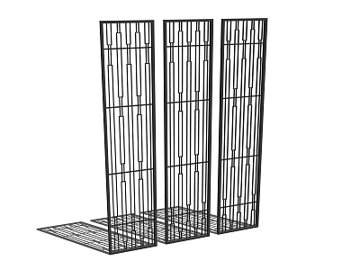 Three Panel Metal Room Dividers With Decorative Hollow Out Vertical Lines 3d model