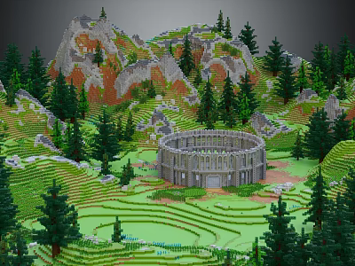 Cartoon Scene With Circular Stone Building Green Terraced Grass Pine Trees And Orange Rock Mountains 3d model