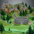 Cartoon Scene With Circular Stone Building Green Terraced Grass Pine Trees And Orange Rock Mountains