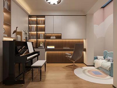 Study Room Interior With Black Piano Bench Wooden Desk Bookshelves Chair And Colorful Round Rug 3d model