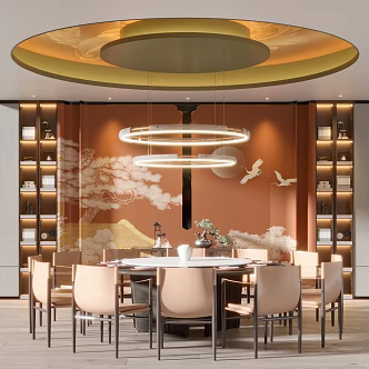 Dining Restaurant Box Room End View Desk Background Wall Dining Table and Chair Combination Chandelier 3d model