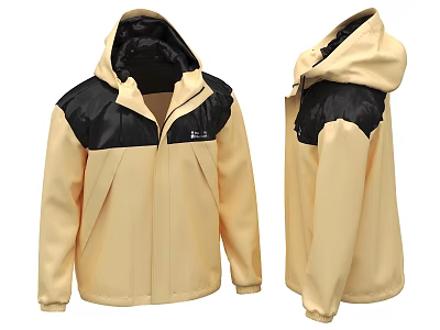 Stylish Beige Black Patchwork Hooded Jacket With Front Zipper And Pockets 3d model