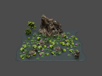 Rockery Stone With Lotus Leaves And Flowers In Water Pond Landscape 3d model