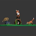 Cute Cartoon Scene With Foxes Badger Tree Stump And Green Grass