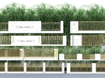 Modern Building Facade Design With Greenery Background Railings And Decorative Panels 3d model