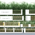 Modern Building Facade Design With Greenery Background Railings And Decorative Panels