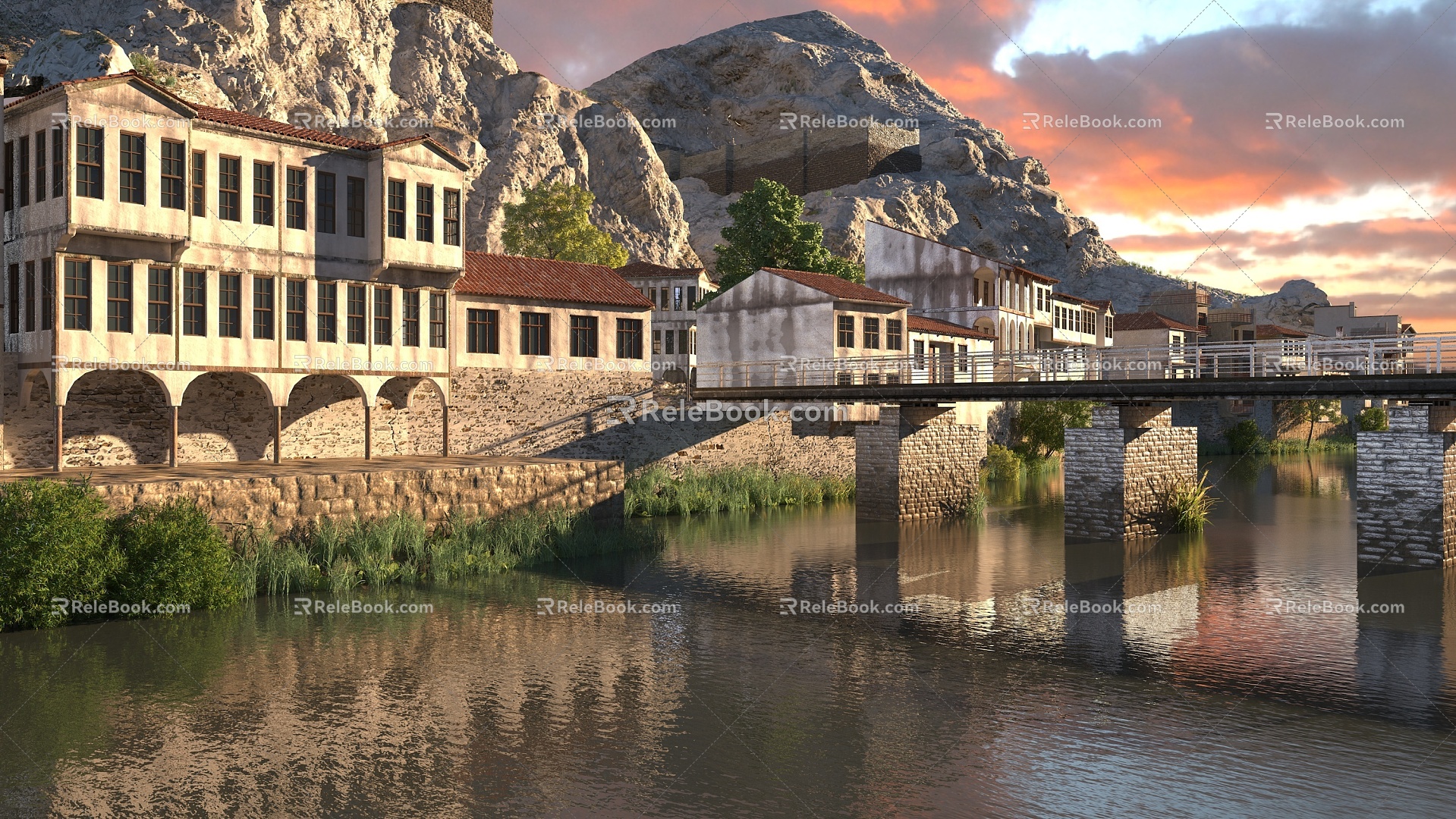 Chinese Architecture Ancient Architecture Dusk Dusk Night Scene Riverside Architecture Tourist Attraction Lijiang Outdoor Architecture Small Town Bridge River 3d model