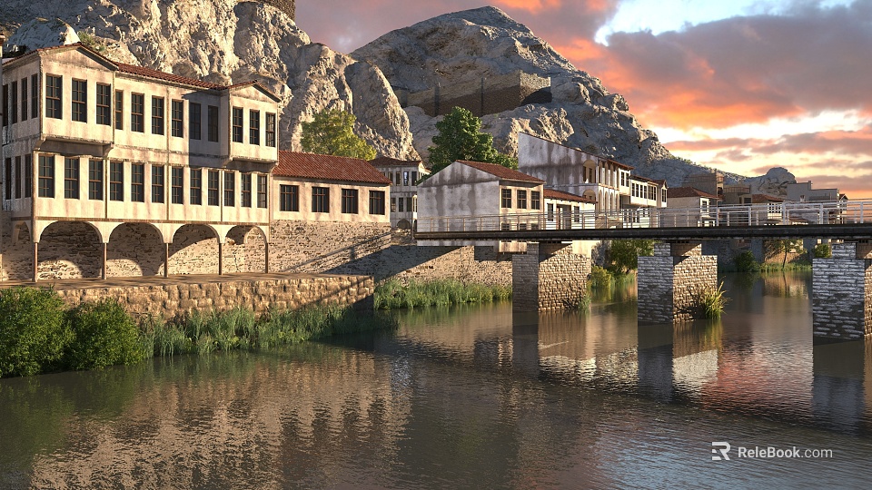 Traditional Ancient Buildings With Stone Bridge And River Reflections In Mountain Scenery 3d model 