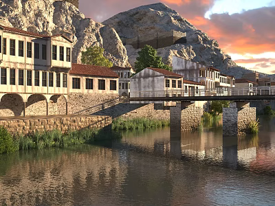 Traditional Ancient Buildings With Stone Bridge And River Reflections In Mountain Scenery 3d model