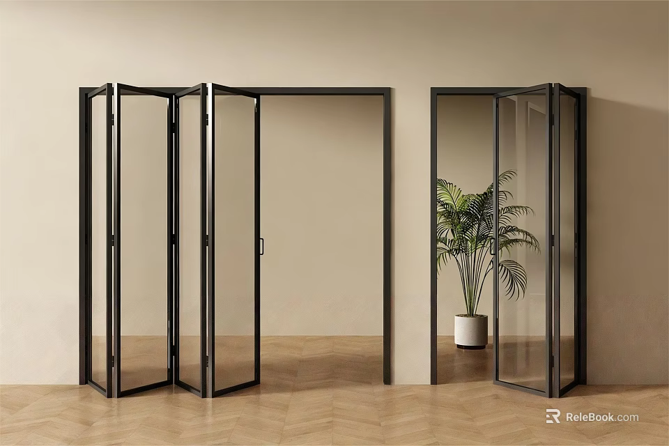 Modern Folding Doors With Black Framed Glass Panels And Plant In Light Wall Wooden Floor 3d model 