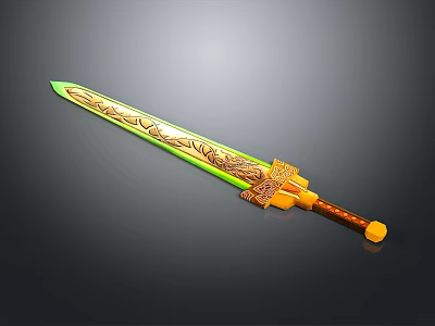 Ornate Green And Gold Sword With Intricate Carvings On Blade And Yellow Brown Hilt 3d model