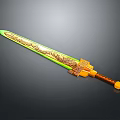 Ornate Green And Gold Sword With Intricate Carvings On Blade And Yellow Brown Hilt