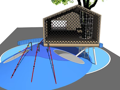 Children's Playground Structure With Slide Climbing Poles Blue Surface And Tree 3d model