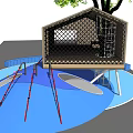 Children's Playground Structure With Slide Climbing Poles Blue Surface And Tree