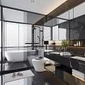 Modern Bathroom Interior Design With Marble Countertops Bathtub Double Sinks Large Mirrors And Blinds