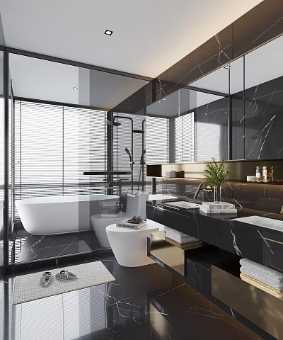 Modern Bathroom Interior Design With Marble Countertops Bathtub Double Sinks Large Mirrors And Blinds 3d model
