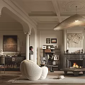 Cream Colored Elegant Modern Living Room With Pendant Light Fireplace Sofa Bookshelf And Decorative Art