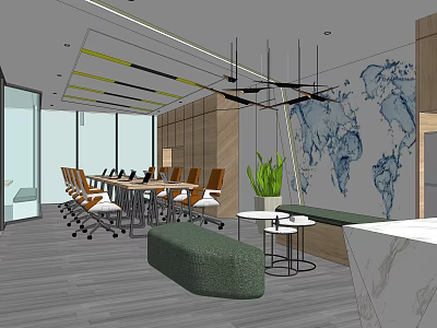 Modern Public Office Space With Open Layout Conference Table Green Plant And World Map Wall 3d model