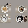 Modern Dinnerware Set with Plates Bowls Cutlery and Cups on Beige Placemats