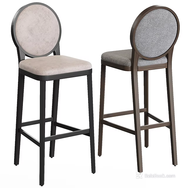 Modern Bar Stools With Round Back Beige Gray Upholstery Black Brown Legs 3d model