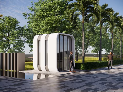Modern White Entrance Gate Structure With Glass Doors And Surrounding Palm Trees Greenery 3d model