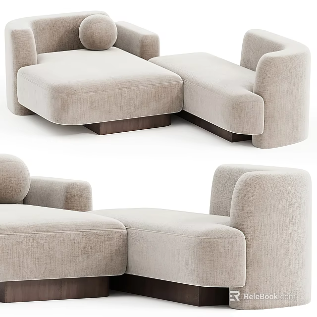 Light Beige Sectional Sofa With Rounded Armrests Ottoman And Modern Upholstered Design 3d model 