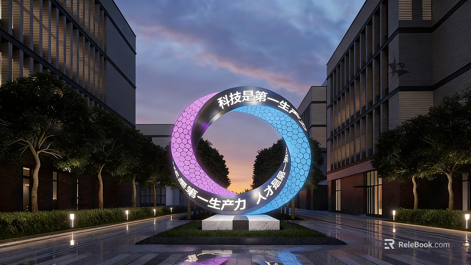 Ring Shaped Landscape Sculpture With Purple Blue Gradient Modern Buildings Evening Sky And Surrounding Trees 3d model 