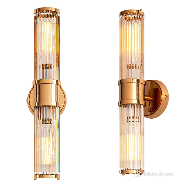 Elegant Modern Gold Frame Wall Sconces With Vertical Glass Stripes And Warm Lighting 3d model 