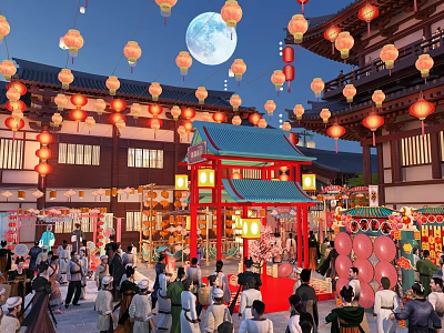 Traditional Ancient Architecture With Red Lanterns Full Moon And Crowded Night Scene 3d model