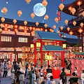 Traditional Ancient Architecture With Red Lanterns Full Moon And Crowded Night Scene