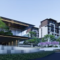 Modern Contemporary Building With Glass Facade Black Roof And Stone Wall Greenery Water Feature 3d model