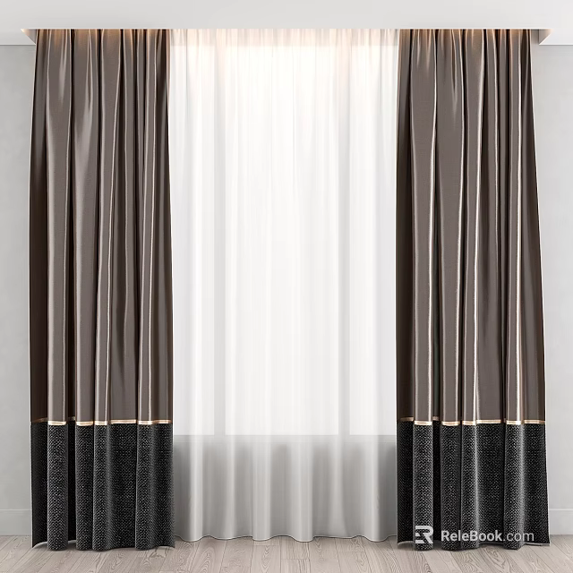 Elegant Dark Brown Curtains With White Sheer Inner Layer And Decorative Trim 3d model