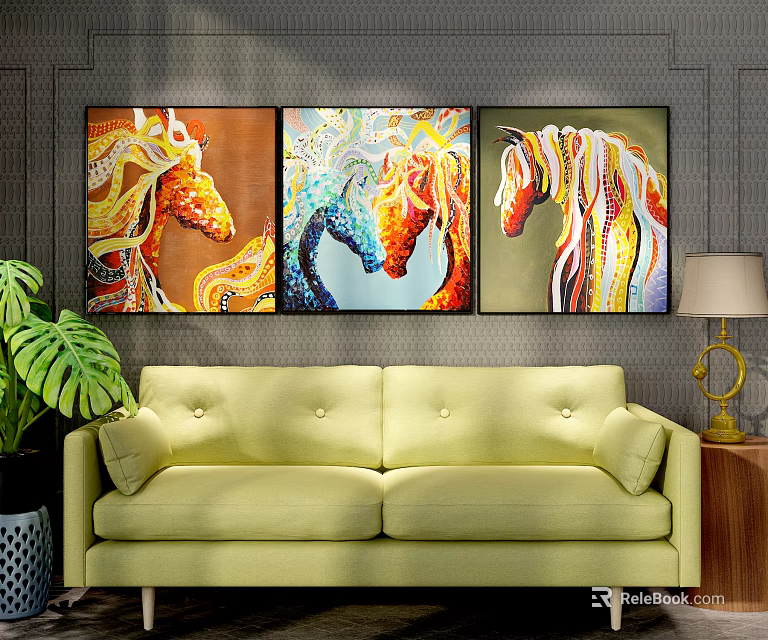 Yellow Two Seater Sofa with Colorful Horse Paintings Above Green Plant and Table Lamp 3d model 