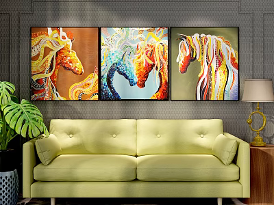 Yellow Two Seater Sofa with Colorful Horse Paintings Above Green Plant and Table Lamp 3d model