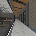 Modern Office Corridor Interior With Glass Partitions Wooden Ceiling And Marble Flooring