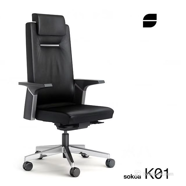 Black Leather Office Chair With High Back Metal Armrests Swivel Base And Wheels 3d model 