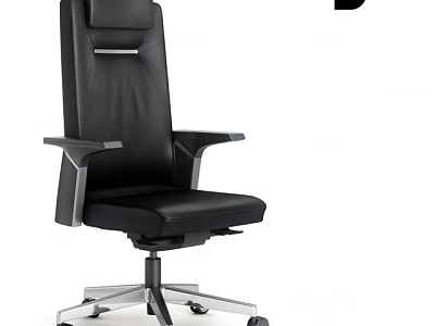 Black Leather Office Chair With High Back Metal Armrests Swivel Base And Wheels 3d model