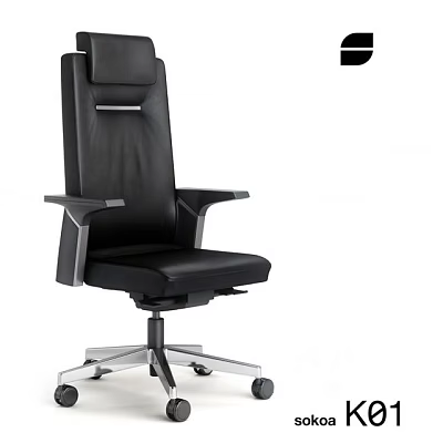 Black Leather Office Chair With High Back Metal Armrests Swivel Base And Wheels 3d model