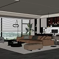 Modern Living Dining Room Interior With Large Windows Gray Sofa Open Kitchen And Cabinets