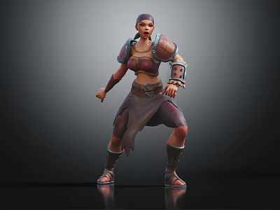 Armored Female Warrior Character in Battle Stance with Leather Armor and Metal Pauldrons 3d model